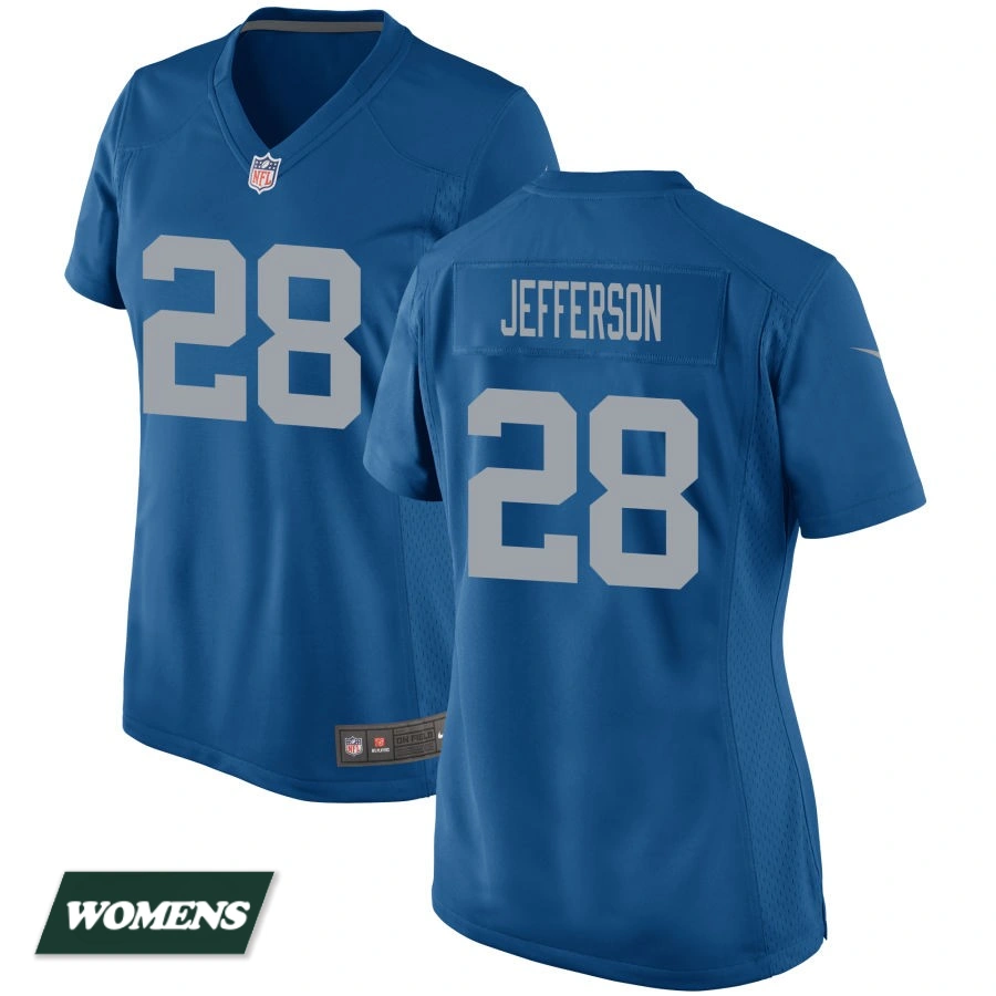 Women's Blue Detroit Lions Throwback #28 Jermar Jefferson Game Jersey Women's Blue Detroit Lions Throwback #28 Jermar Jefferson Game Jersey