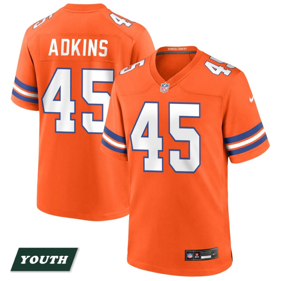 Youth Denver Broncos Orange Mile High Collection 1977 Throwback #45 Nate Adkins Game Jersey Youth Denver Broncos Orange Mile High Collection 1977 Throwback #45 Nate Adkins Game Jersey