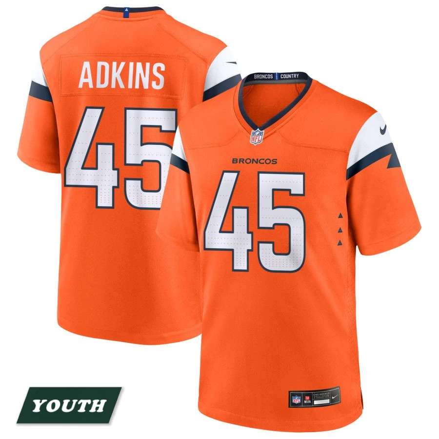 Youth Denver Broncos Orange Mile High Collection #45 Nate Adkins Game Jersey Youth Denver Broncos Orange Mile High Collection #45 Nate Adkins Game Jersey