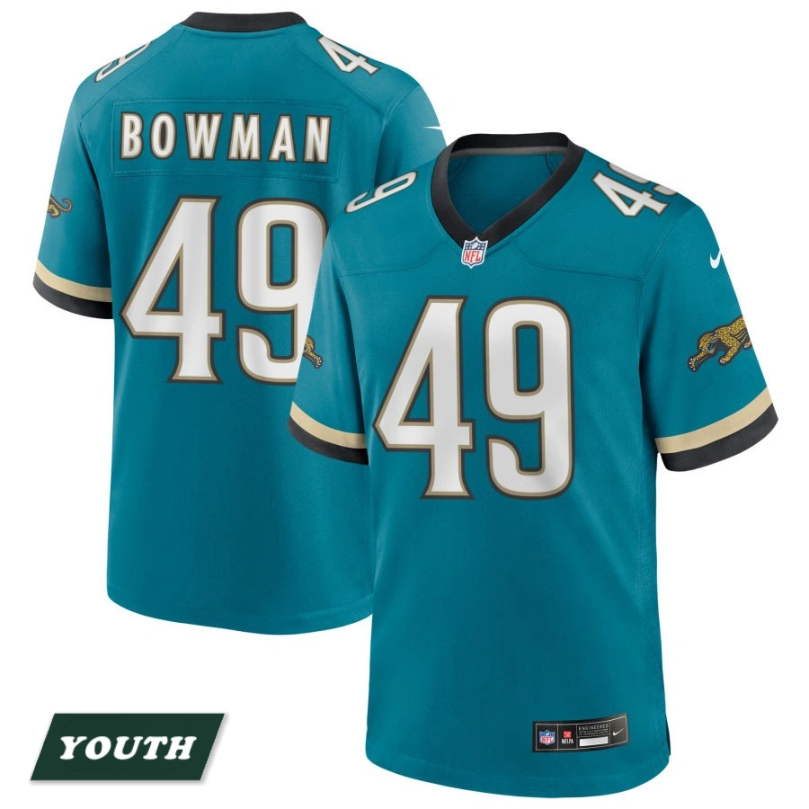 Youth Jacksonville Jaguars Teal Prowler Throwback #49 Shawn Bowman Game Jersey