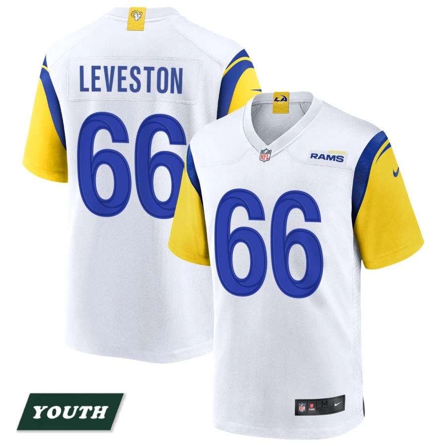 Youth Los Angeles Rams White Alternate #66 KT Leveston Jersey Youth Los Angeles Rams White Alternate #66 KT Leveston Jersey