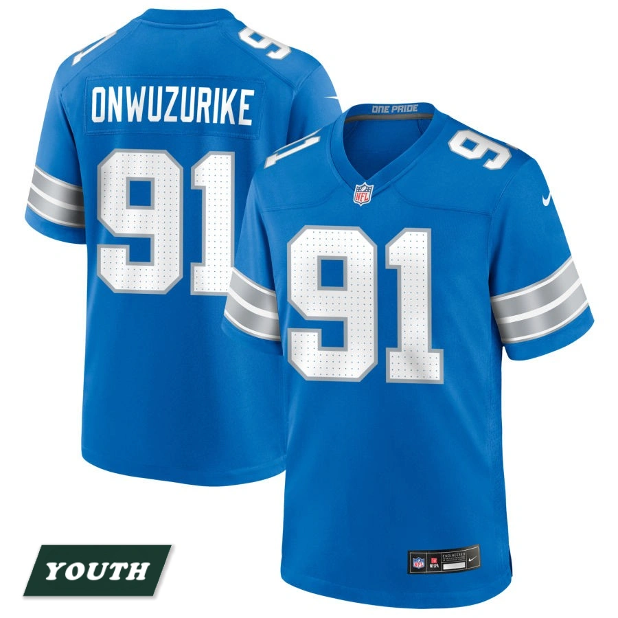 Youth Detroit Lions Blue #91 Levi Onwuzurike Game Jersey