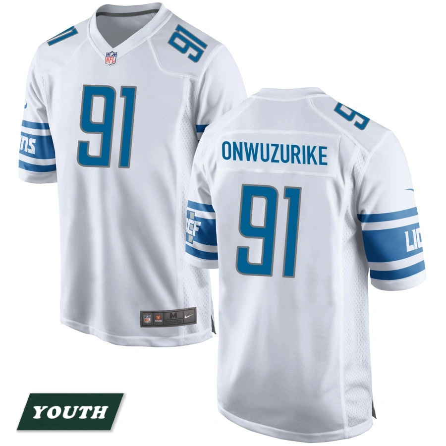 Youth Detroit Lions White #91 Levi Onwuzurike Game Jersey