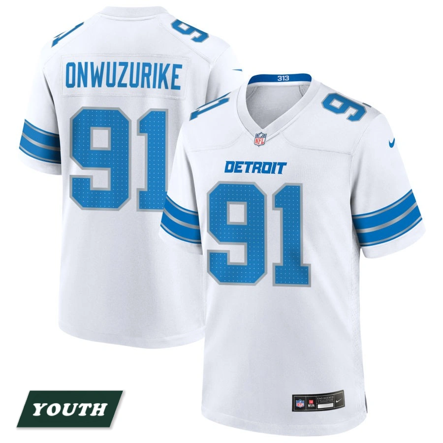 Youth Detroit Lions White #91 Levi Onwuzurike Game Jersey