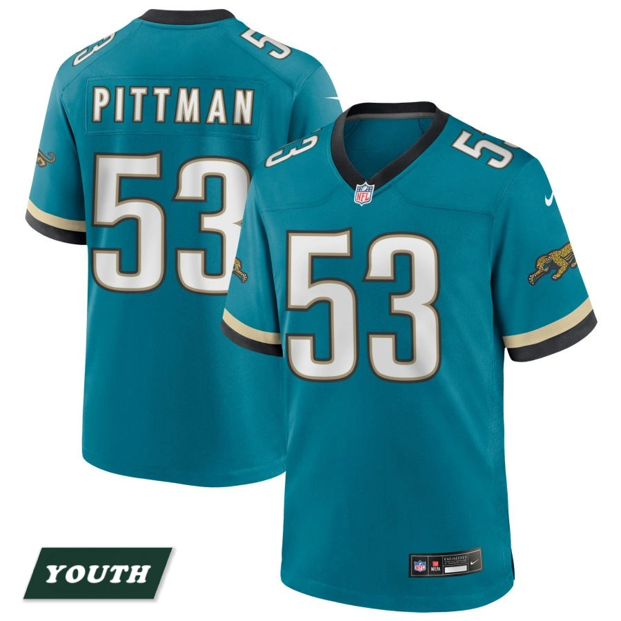 Youth Jacksonville Jaguars Teal Prowler Throwback #53 Anthony Pittman Game Jersey Youth Jacksonville Jaguars Teal Prowler Throwback #53 Anthony Pittman Game Jersey
