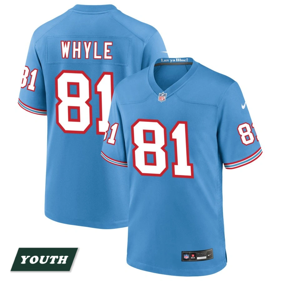 Youth Tennessee Titans Light Blue Oilers Throwback #81 Josh Whyle Game Jersey Youth Tennessee Titans Light Blue Oilers Throwback #81 Josh Whyle Game Jersey